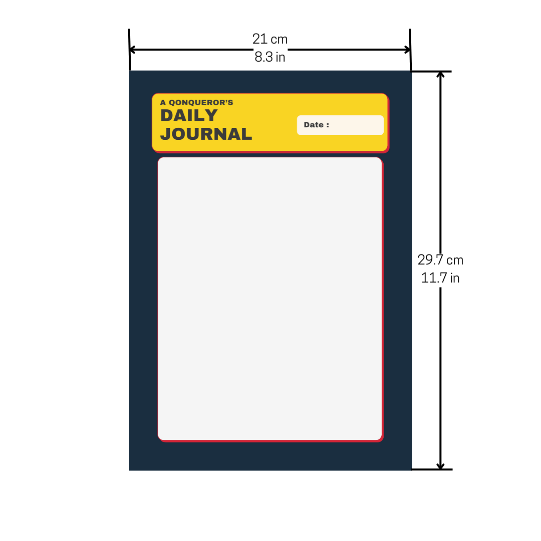 A close-up photo of a journal page titled "A Conqueror's Daily Journal." The page is surrounded by a black border and has a yellow header with a space for the date. Dimensions are listed in both centimeters and inches.
A Conqueror's Daily Journal page with dimensions: 21 cm x 29.7 cm (8.3 in x 11.7 in).